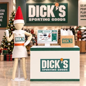 May include: A promotional display featuring a tall, felt-like elf figure wearing a red hat and white collar, standing next to a white counter with the Dick's Sporting Goods logo. A computer screen displays a shopping cart, and a gift box sits nearby.