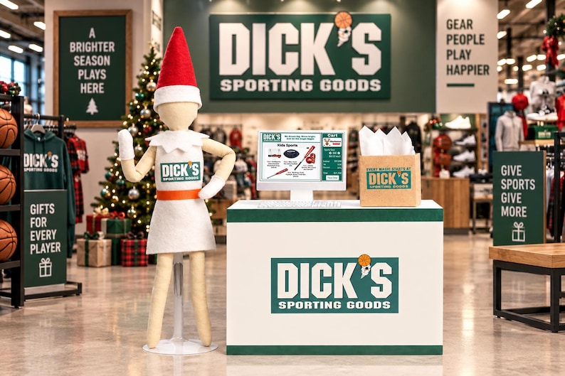 May include: A promotional display featuring a tall, felt-like elf figure wearing a red hat and white collar, standing next to a white counter with the Dick's Sporting Goods logo. A computer screen displays a shopping cart, and a gift box sits nearby.