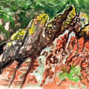May include: Watercolor painting of a rocky landscape with green foliage and red and brown accents.