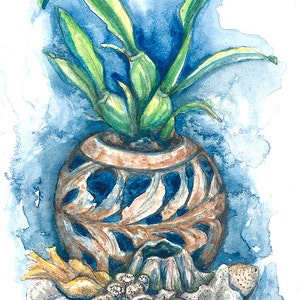 May include: A watercolor painting of a green plant in a brown pot with a decorative design. The pot is sitting on a white and gray coral-like object.