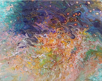 May include: Abstract painting with swirling patterns in shades of blue, purple, green, yellow, and orange. The paint appears to be layered and flowing, creating a sense of movement and depth.