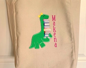 Library Book Tote Bag, Book Tote Bag, Personalized Tote Bag, Tote Bag, Personalized dinosaur applique design