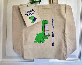 Library Book Tote Bag, Book Tote Bag, Personalized Tote Bag, Tote Bag, Personalized dinosaur applique design