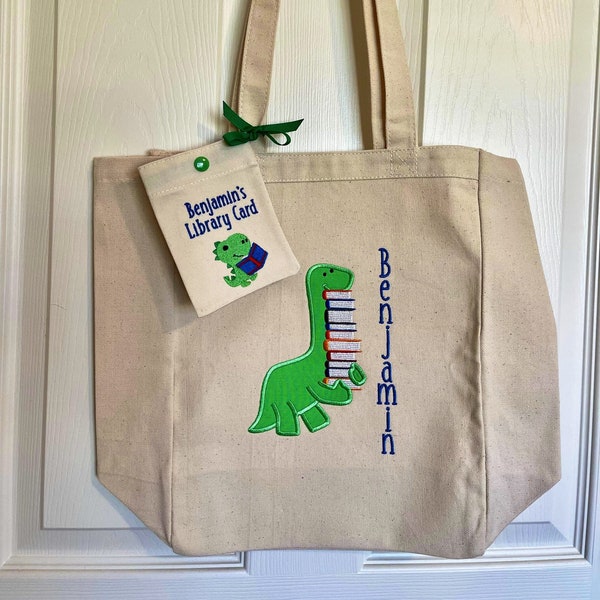 Library Book Tote Bag, Book Tote Bag, Personalized Tote Bag, Tote Bag, Personalized dinosaur applique design