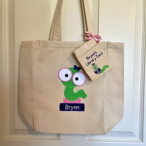 Library Book Tote Bag, Book Tote Bag, Personalized Tote Bag, Tote Bag, Personalized bookworm applique design
