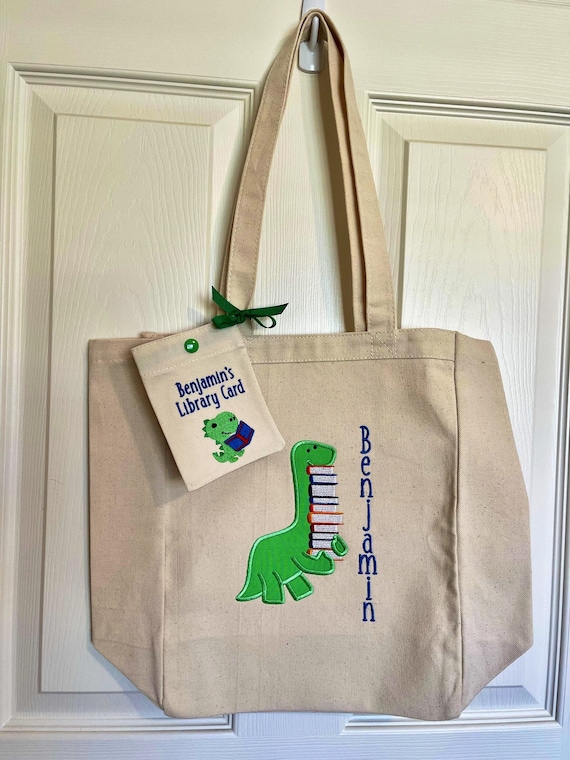 Personalized Library Book Tote Bag, Dinosaur Applique Design