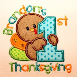 1st Thanksgiving, Personalized Thanksgiving t-shirt or one piece, Baby Turkey applique design, baby's clothing, children's clothing