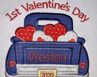 Personalized Valentine's Day Truck Applique Shirt, Baby's 1st Valentine