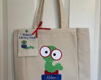 Library Book Tote Bag, Book Tote Bag, Personalized Tote Bag, Tote Bag, Personalized bookworm applique design