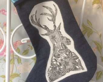 Hand Printed Stag Christmas Stocking