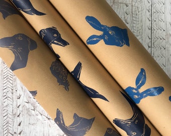 Gift wrap, luxury gift wrap, hand printed gift wrap, hand printed paper, dogs, hares, badger, wildlife, stag, paper, flowers, swans