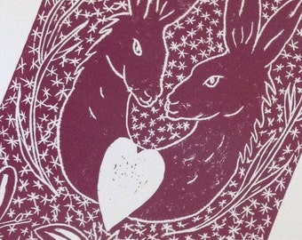 Hand printed linocut Hare 4 You original artwork