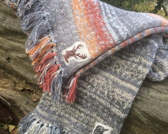 Chunky Scarf, Winter Scarf, hand knitted scarf, long scarf, grey scarf, gift for her, hand printed stag or bird, fashion for her,