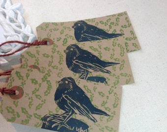 Hand printed bird and holly gift tags, Christmas tags, Christmas gift tags, xmas gift tags, xmas gift tags, Christmas Holly tags, Christmas