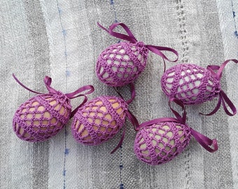 Easter egg covers, hand crochet eggs, Easter table decoration, lilac, set of 5