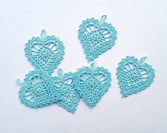 Light blue hearts, crochet appliques, Home decorations, Valentine party, Nursery decors