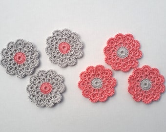 Crochet flower applique, Garland motif, Sew on applique, Pink gray flower, set of 6