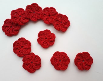 Red crochet flower appliques, Small flowers, Flower motif, Sew on applique, Scrapbooking flowers, Set of 10