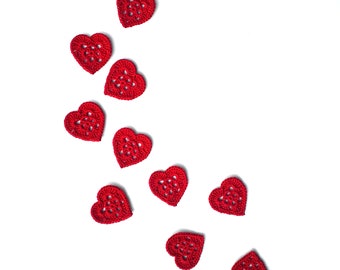 Red heart appliques, Small crochet hearts, Sew on appliques, Scrapbooking supplies, Crochet embellishments, Clothing decorations, Set of 10