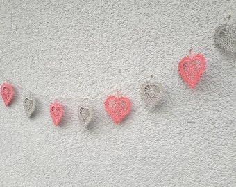 Heart garland,  Home decor, Nursery decoration, Crochet hearts garland, Pink and grey hearts