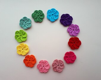 Crochet flowers, Rainbow colors, Flower motif, Sew on applique, Scrapbooking flowers, Set of 12