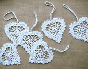 White hearts, Crochet appliques, Wedding decors, Favors, White xmas tree ornaments, Home decorations, Valentine party