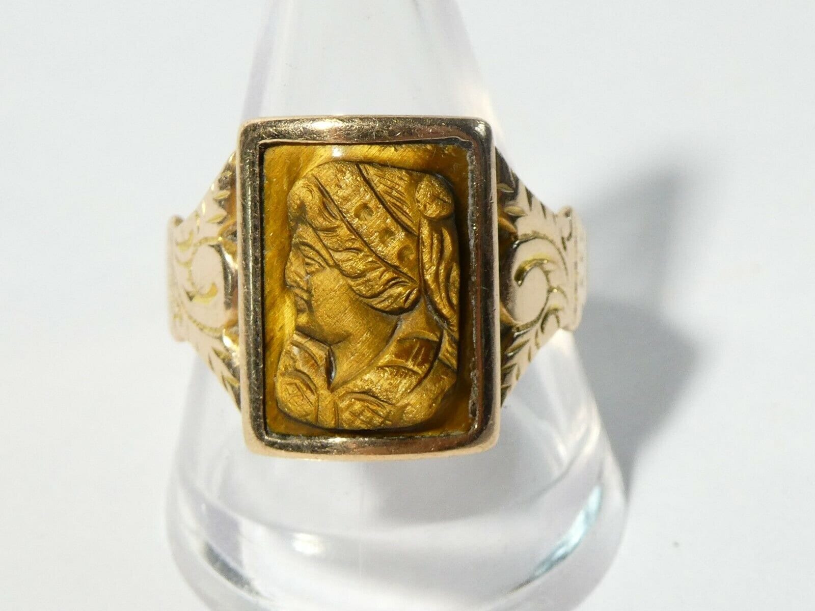 Gold Signet Ring Carved Tigers Eye Cameo 9ct Rose Gold Antique 