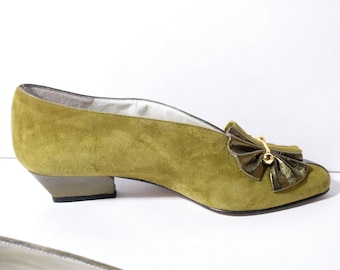 Ladies Leather Shoes by Moda in Pelle UK size 3 - EU 35, Green Suede Metalic two Colour Two Tone for Women - Vintage