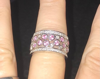 925 Sterling Silver Wide Band Ring Pink & White Cubic Zirconias Vintage Ring, Wedding Band