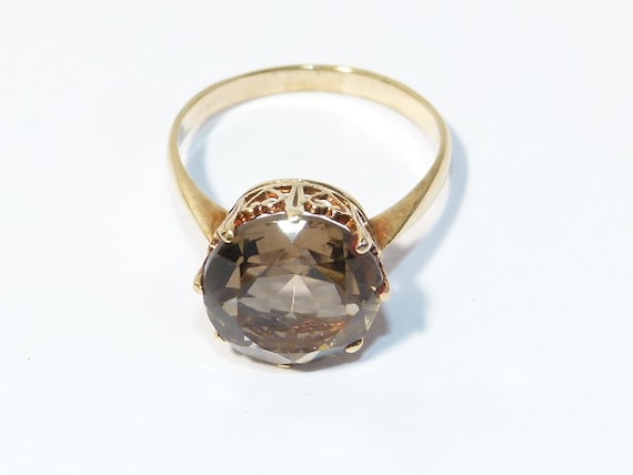 Vintage 9ct Gold Smoky Quartz Ring, Ornate Setting, UK Size Q 1/2