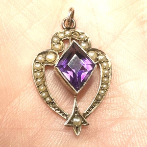 Art Nouveau 9ct Gold Pendant Amethyst and Seed Pearls by L&Co Art Deco Lavalier Antique Jewellery