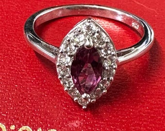 Roze CZ Navette-ring, halocluster, antieke stijl sterlingzilver