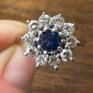 Sapphire & Diamond Ring 18ct Gold, Circular Cluster Ring UK N.1/2 Engagement
