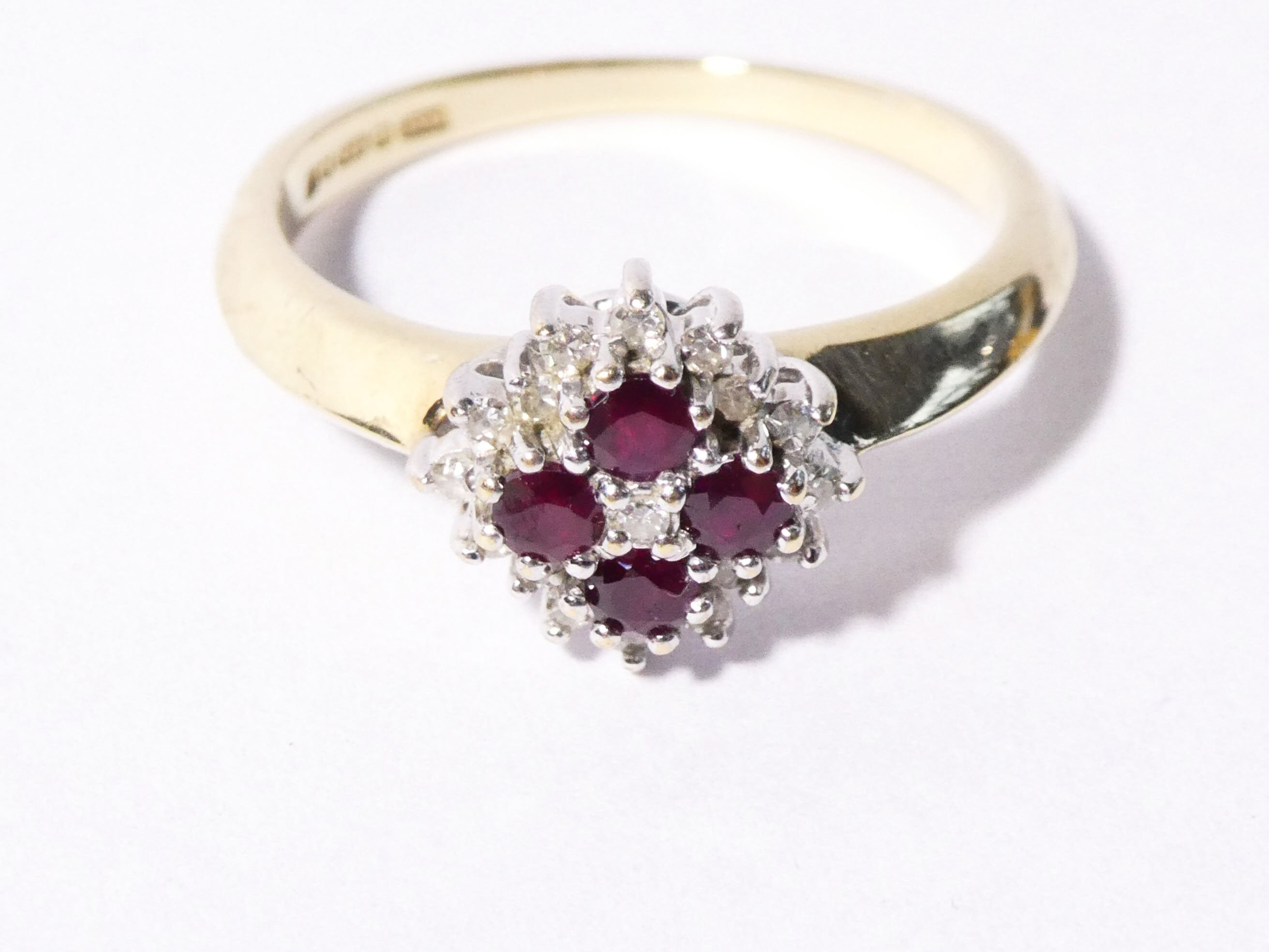 Vintage 9k Gold Ruby & Diamond Ring Valentines Day Cluster