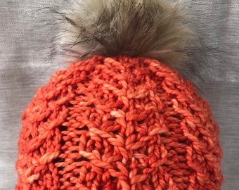 Hand Knit Wool Beanie, Orange Removable Pom Pom Hat, Adult Medium