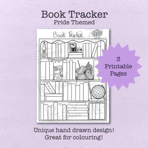 Può includere: Un tracker di libri stampabile in bianco e nero con un design a libreria. La libreria è decorata con oggetti a tema pride, tra cui una bandiera arcobaleno, gomitoli di lana e un globo terrestre. Il testo "Book Tracker" e "Pride Themed" è in cima alla pagina. Il testo "3 Printable Pages" è in una forma a stella.