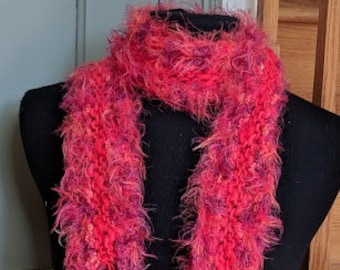 Red hand knit multi fiber multi texture winter scarf