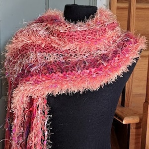 Here Comes the Sun petite hand knit multifiber multi texture orange rectangular shawl with long fringe