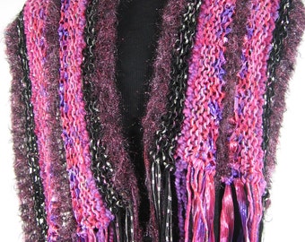 Faerie Dance petite hand knit black pink and purple multi fiber multi texture rectangular shawl with long fringe