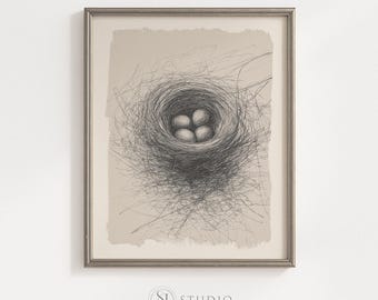Digitale download minimalistische potloodtekening vogelnest muurkunst woonkamer decor