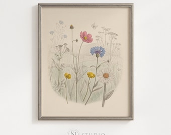 Digitale download minimalistische botanische wilde bloemen kunstprint neutrale bloemen muurdecoratie
