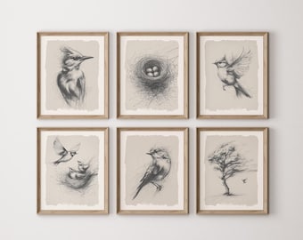 Digitale download minimalistische vogelschets set neutrale muurkunst natuur galerij decor