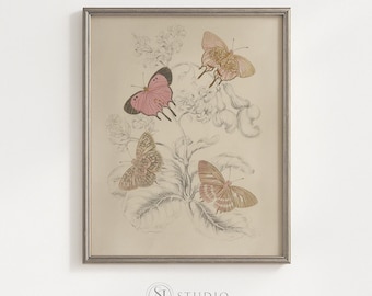 Digitale download vintage botanische vlinder kunst aan de muur afdrukbaar neutraal bloemendecor