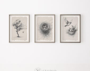 Digitale download drieluik muurkunst minimalistische vogelschets set neutraal woonkamerdecor