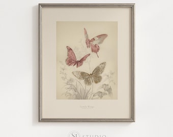 Digitale download vintage vlinder kunst aan de muur print roze botanische slaapkamer decor