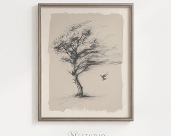 Digitale download Minimalistische boomschets Neutrale muurkunst Woonkamerdecor