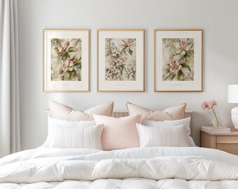 Digitale download Botanische drieluik appelbloesem muurkunst vintage bloemenprint set slaapkamer decor