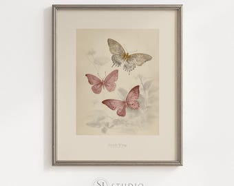 Digitale download vintage vlinderprint roze botanische muurkunst neutraal huisje decor