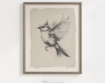 Digitale download Minimalistische vogelschets Neutrale muurkunst Natuurtekening Woonkamerdecoratie