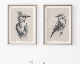 Digitale download minimalistische vogelschets tweeluik neutrale muurkunstset